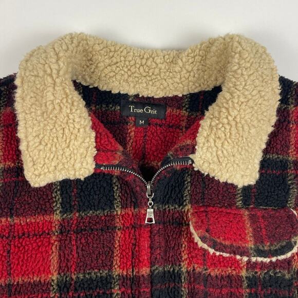 Vintage Red Plaid Fleece W/ Sherpa Collar Fall Winter Warm Boxy Fit Size Medium - Picture 2 of 8